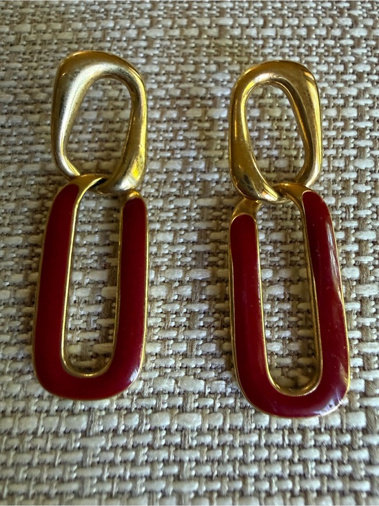 Monet Jewelry - Vintage Monet Gold-Tone Drop Earrings with Red Enamel Accents
